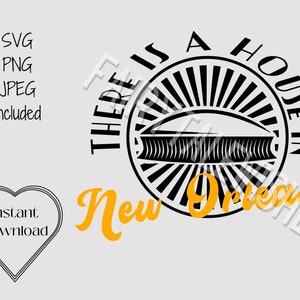 May include: Black and white graphic design with the text "There is a house in New Orleans" in a circle with a stylized image of the Superdome. The text "New Orleans" is in yellow.