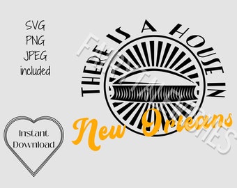 May include: Black and white graphic design with the text "There is a house in New Orleans" in a circle with a stylized image of the Superdome. The text "New Orleans" is in yellow.