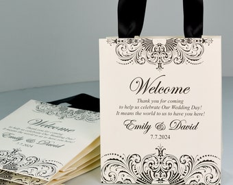 25 Ivory Wedding Welcome Bags with satin ribbon handles and your names Elegant Personalized Wedding gifts and favors for guests Party Favors