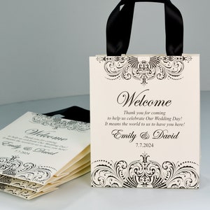 25 Ivory Wedding Welcome Bags with satin ribbon handles and your names Elegant Personalized Wedding gifts and favors for guests Party Favors