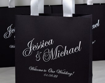 35 Black & Silver Wedding Welcome Bags with satin ribbon handles and custom names, Elegant Personalized wedding party favors for guests