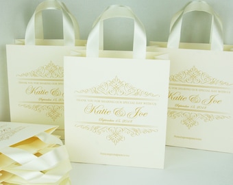 25 Ivory & Gold Personalized Wedding Welcome Bags for wedding favors for guests Elegant Gift Bags with satin ribbon handles and custom names