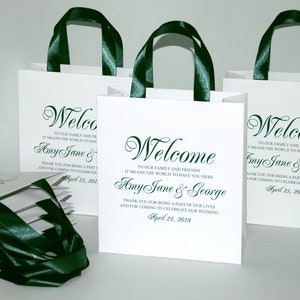 35 Wedding Welcome Bags with satin ribbon handles and your names - Dark Green Personalized Gift bags for wedding favor for guests