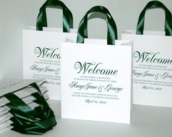 35 Wedding Welcome Bags with satin ribbon handles and your names - Dark Green Personalized Gift bags for wedding favor for guests