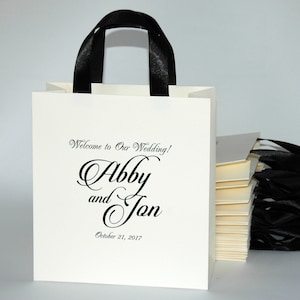 25 Ivory Welcome Bags with satin ribbon handles and names - Wedding Welcome Bags for guests - Elegant Personalized Wedding Gifts and Favors