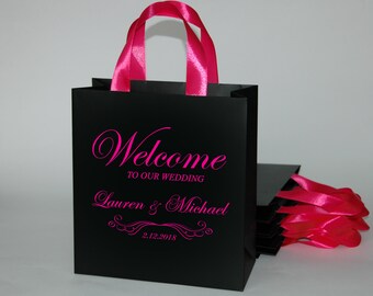 Personalized Wedding Welcome Bags: Black Gift Bags with Satin Ribbon (Set of 30)