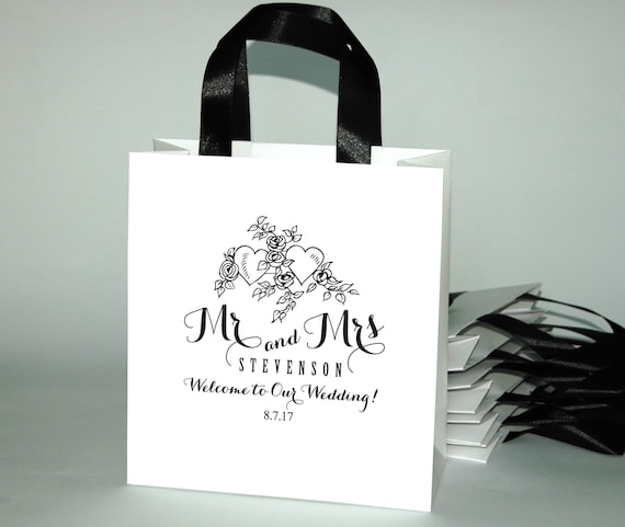 Personalized Wedding Welcome Bags with Fucshia satin ribbon and