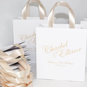 25 Champagne Wedding Welcome Bags with satin ribbon handles and your names, Elegant Personalized wedding favor and gifts for guests