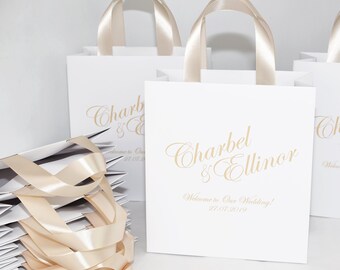 25 Champagne Wedding Welcome Bags with satin ribbon handles and your names, Elegant Personalized wedding favor and gifts for guests