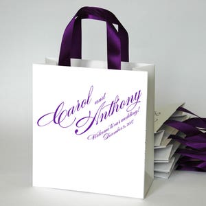 20 Wedding Welcome Bags with Purple satin ribbon handles and your names - Personalized bags for your guests - Weddings Gifts and Favors.