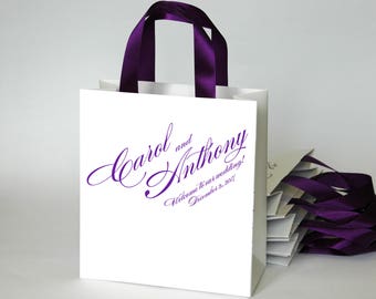 20 Wedding Welcome Bags with Purple satin ribbon handles and your names - Personalized bags for your guests - Weddings Gifts and Favors.