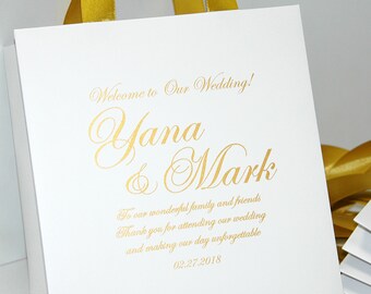 30 Personalized Gold Wedding Welcome Bags with satin ribbon and your names - gift bags for wedding guests Elegant Wedding Favors for guests