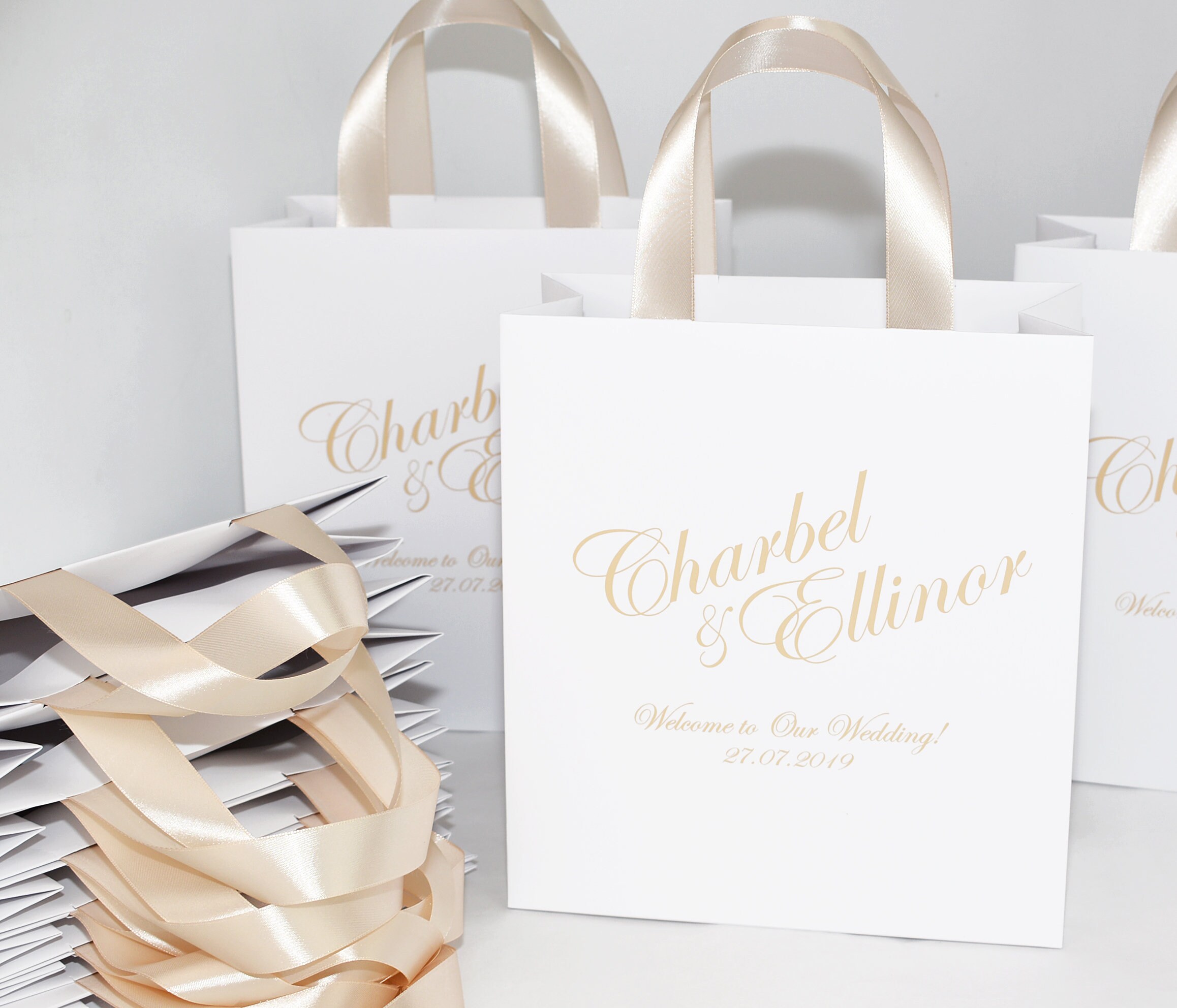 Elegant Wedding Welcome Bag With Satin Ribbon Handles and Custom Tag,  Personalized Black & Gold Gift Bags for Wedding Favor for Guests 