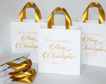 35 Gold Wedding Welcome Bags with satin ribbon handles and custom names Personalized Gift bags for wedding favor for guests Weddings Gifts