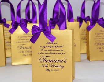 25 Purple & Gold Birthday Party Favor Bags with satin ribbon handles, bow and your name, Personalized 50th Anniversary gifts for guests