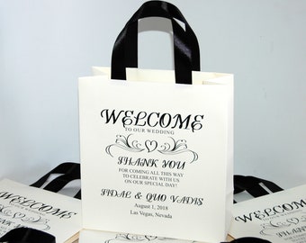 30 bolsas de bienvenida de la boda con asas de cinta de raso y sus nombres, bolsos personalizados elegantes para los invitados de la boda, favores de las bodas