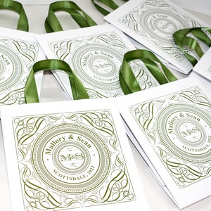 25 Wedding Monogram Welcome Bags with Olive Green satin ribbon handles and your names, Elegant Personalized Wedding gifts and favors