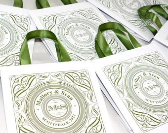 25 Wedding Monogram Welcome Bags with Olive Green satin ribbon handles and your names, Elegant Personalized Wedding gifts and favors