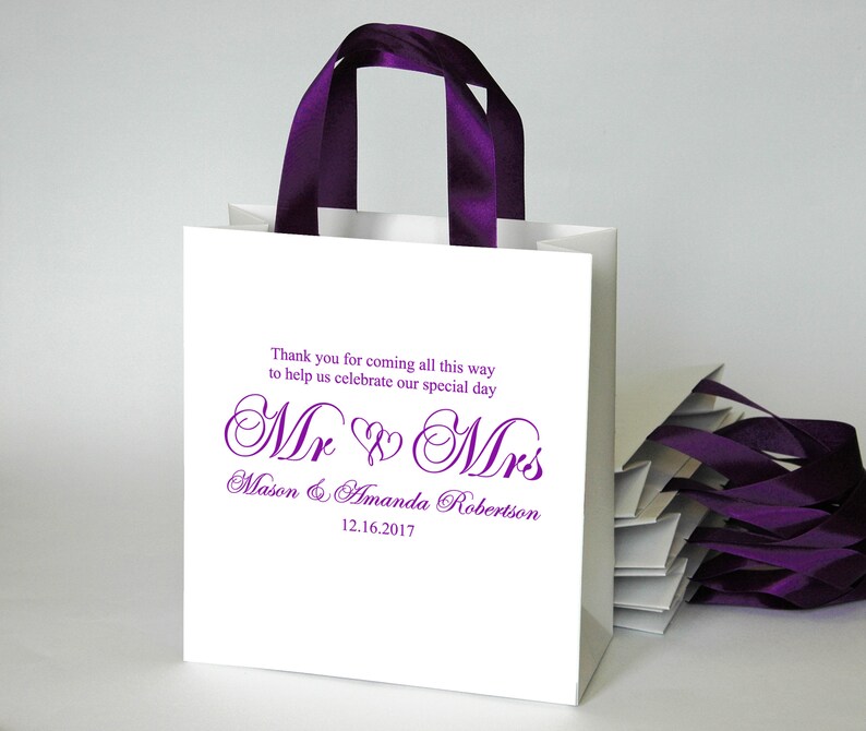 30 Purple Wedding Welcome Bags for guests with satin ribbon handles and custom names Mr and Mrs Welcome Bags for Weddings Gifts and Favors