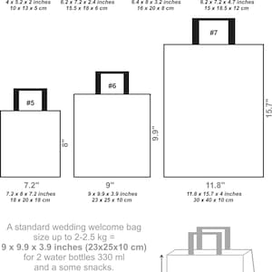 K&ouml;nnte beinhalten: Diagramm, das verschiedene Gr&ouml;&szlig;en von Hochzeitstaschen mit Ma&szlig;en in Zoll und Zentimetern zeigt. Die kleinste Tasche ist 4 x 5,2 x 2 Zoll (10 x 13 x 5 cm) gro&szlig; und die gr&ouml;&szlig;te 11,8 x 15,7 x 4 Zoll (30 x 40 x 10 cm).