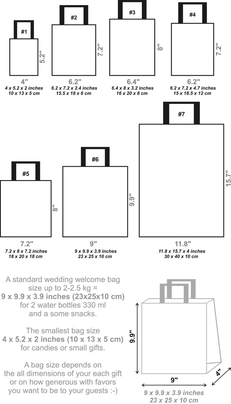 K&ouml;nnte beinhalten: Diagramm, das verschiedene Gr&ouml;&szlig;en von Hochzeitstaschen mit Ma&szlig;en in Zoll und Zentimetern zeigt. Die kleinste Tasche ist 4 x 5,2 x 2 Zoll (10 x 13 x 5 cm) gro&szlig; und die gr&ouml;&szlig;te 11,8 x 15,7 x 4 Zoll (30 x 40 x 10 cm).