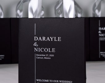 35 Black & Silver Wedding Monogram Welcome Bags with satin ribbon handles and names Elegant Personalized Wedding gifts and favors for guests