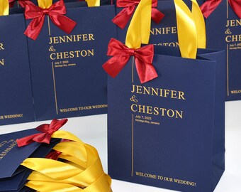 25 Personalized Wedding Welcome Bags: Navy Blue & Gold with Satin Ribbon