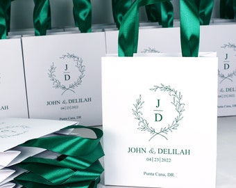 40 Emerald Green Wedding Welcome Bags, Personalized Satin Ribbon Handles