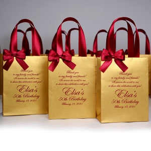 30 Birthday Party Favor Bags with satin ribbon handles, bow and your name, Personalized Burgundy & Gold 50th Anniversary gifts for guests