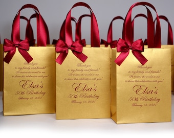 30 Birthday Party Favor Bags with satin ribbon handles, bow and your name, Personalized Burgundy & Gold 50th Anniversary gifts for guests
