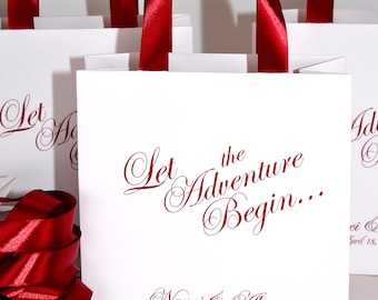 Personalized Wedding Welcome Bags, Burgundy Ribbon, Custom Names