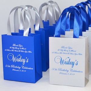 25 Elegante Geburtstagsgeschenktüten mit Satinbandgriffen und Ihrem Namen, personalisierte Geburtstagsgeschenktüten, 50-jähriges Jubiläum