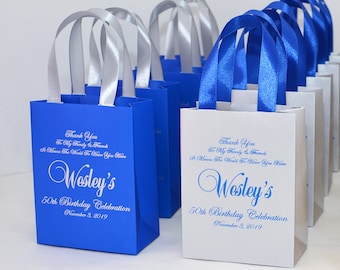 25 Elegant Birthday Party Favor Bags with satin ribbon handles and your name, Personalized Royal Blue & Silver gift bags, 50th Anniversary