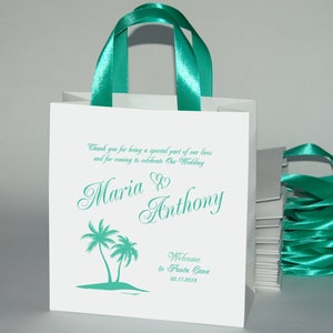 35 Mint Wedding Welcome Bags with satin ribbon handles and your names - Personalized Beach or Tropic Wedding Gifts and Favors for guests