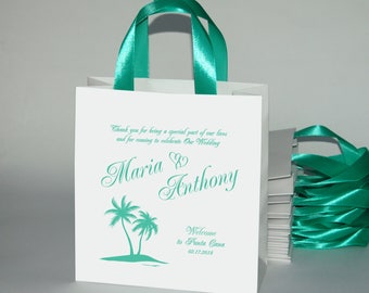 35 Mint Wedding Welcome Bags with satin ribbon handles and your names - Personalized Beach or Tropic Wedding Gifts and Favors for guests