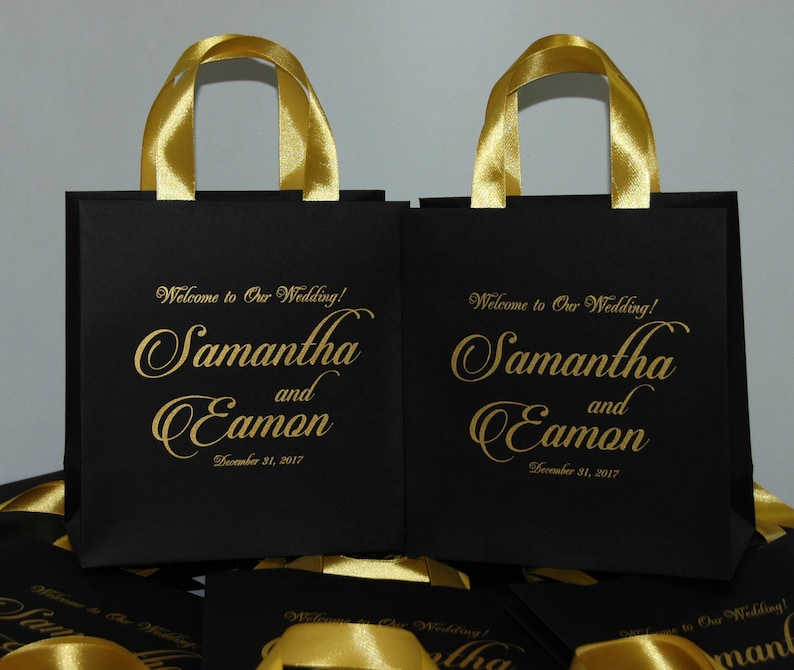 Personalized gift bags for wedding guests Elegant Wedding Favors 30 Black and Gold Wedding Welcome Bags with satin ribbon and your names