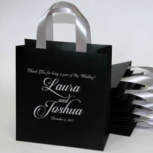 20 Wedding Welcome Bags with Silver satin ribbon handles and custom names. Elegant Personalized Wedding Favors for guests.