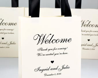 25 Ivory Wedding Welcome Bags with satin ribbon handles and your names, Elegant Personalized Wedding party gifts and favors for guests.