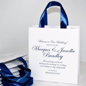 25 Navy Blue Wedding Welcome Bags with satin ribbon handles and custom names, Elegant Personalized wedding gifts and favors for guests