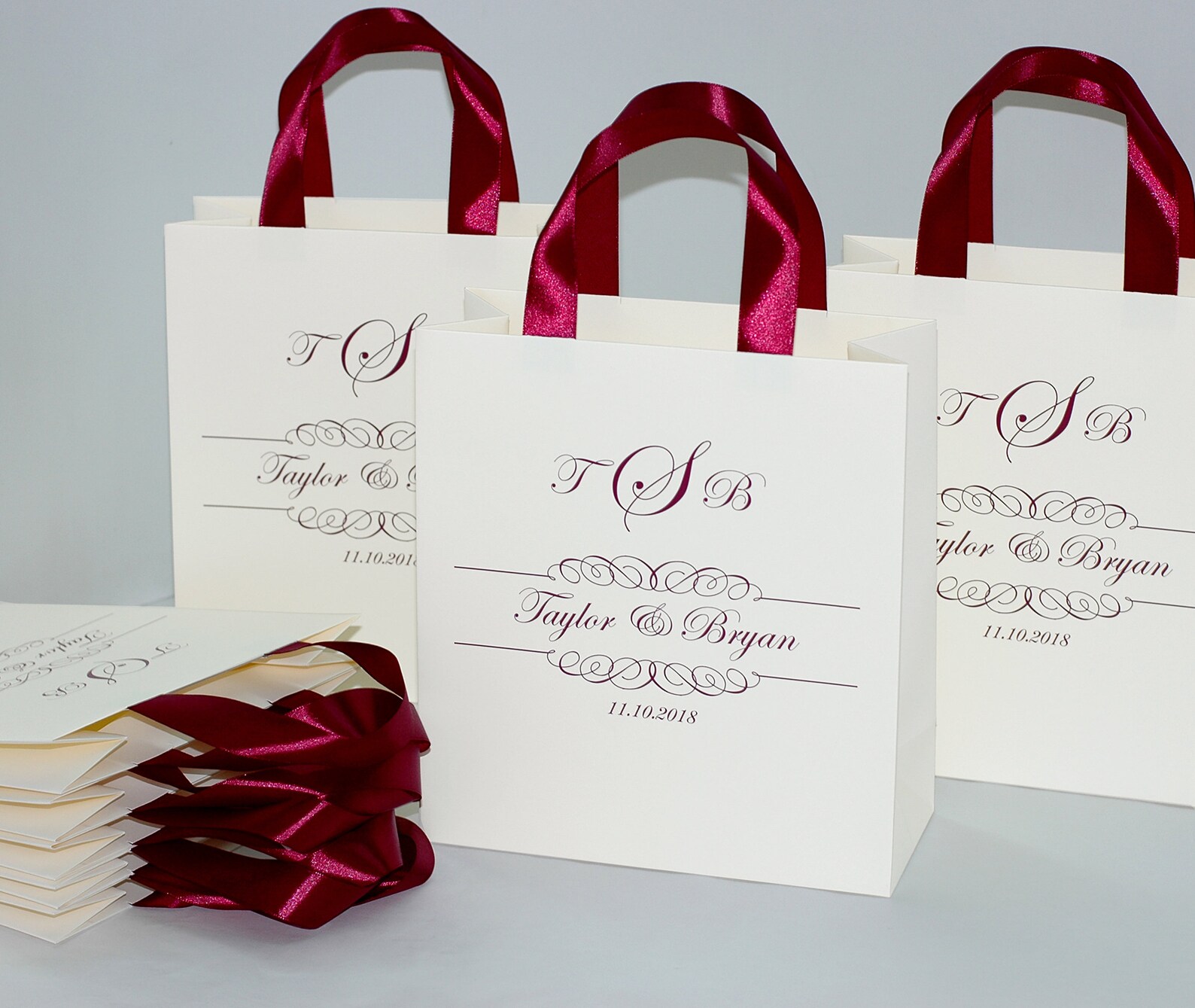 20 Wedding Monogram Gift Bags With Burgundy Satin Ribbon Etsy
