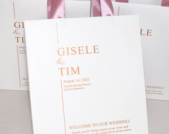20 Rose Gold Personalized Wedding Welcome Bags, Dusty Rose Ribbon Handles