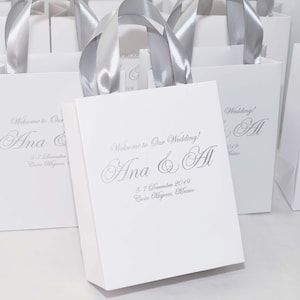 25 Silver Wedding Welcome Bags with satin ribbon handles and names, Elegant Personalized Destination Wedding gifts and favors for guests