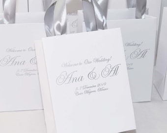 25 Silver Wedding Welcome Bags with satin ribbon handles and names, Elegant Personalized Destination Wedding gifts and favors for guests