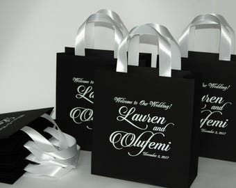 25 bolsas de bienvenida de boda con asas de cinta de raso y sus nombres Bolsas personalizadas para sus invitados Elegante bolsa de regalo y recuerdo de boda
