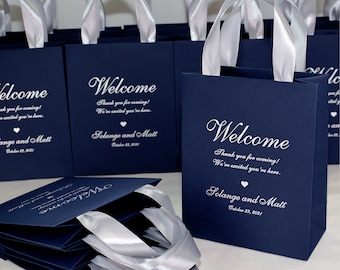 35 Personalized Navy Blue Wedding Welcome Bags, Silver Ribbon Handles, Custom Names