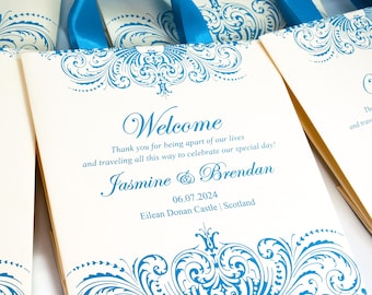40 Personalized Ivory Wedding Welcome Bags: Turquoise Ribbon & Ornament