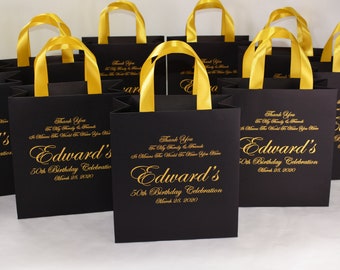 25 Elegant Black & Gold Birthday Party Bags for your guests with satin ribbon handles and custom name - Personalized Anniversary gift bags