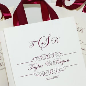 20 Wedding Monogram gift Bags with Burgundy satin ribbon handles, Elegant Personalized wedding welcome bags for wedding favor for guests