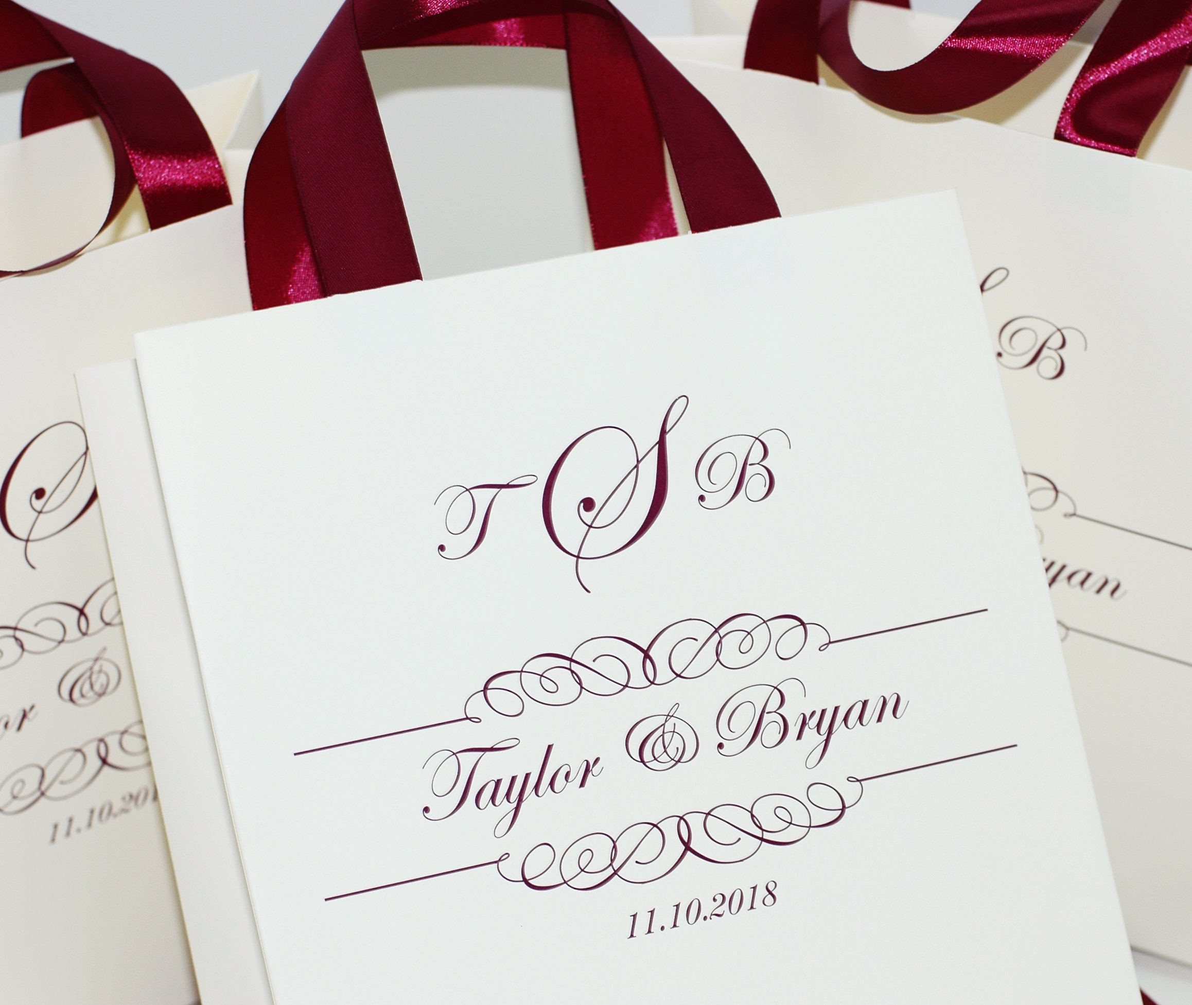 20 Wedding Monogram Gift Bags With Burgundy Satin Ribbon Etsy