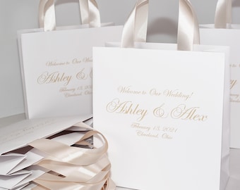 30 Wedding Welcome Bags with Champagne satin ribbon handles and names, Elegant Personalized Wedding gifts and favors for wedding guests